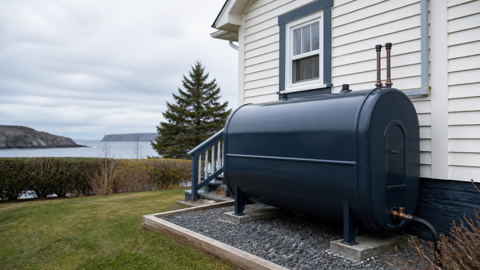 Residential heating oil tank beside a Newfoundland home near the coast